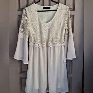 Zanzea Dress SzM LaceBodice & Half Sleeve Chiffon Skirt Cream Pullover SuperCute